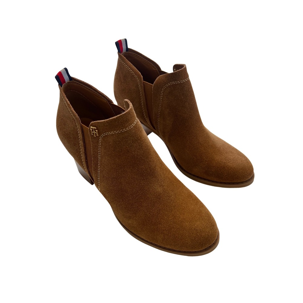 Tommy Hilfiger Camel Tan Suede Stacked Block Heel Chelsea Ankle Booties Size 6M